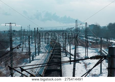 Rail Cars Loaded With Coal Transported From Nearby Mines To Power Plants In Winter