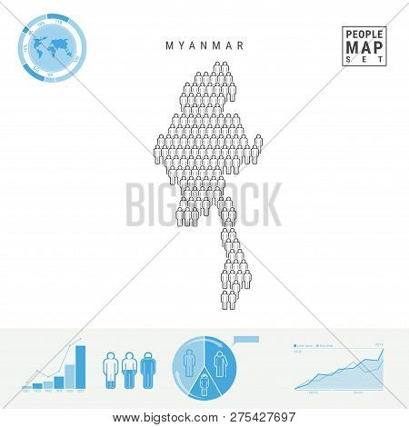 Myanmar People Icon Map. People Crowd In The Shape Of A Map Of Myanmar. Stylized Silhouette Of Burma