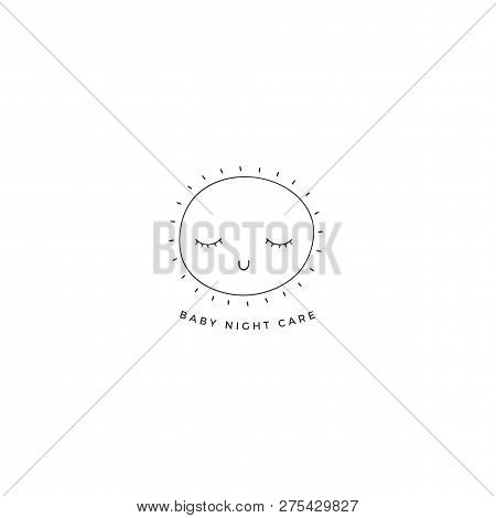 Vector Hand Drawn Object, Cute Sleepy Sun With Closed Eyes. Premade Logo Template For Children Relat