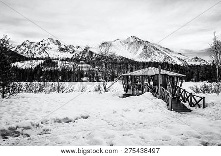 Peak And Hotel Patria In Strbske Pleso, High Tatras, Slovak Republic. Winter Mountains. Travel Desti