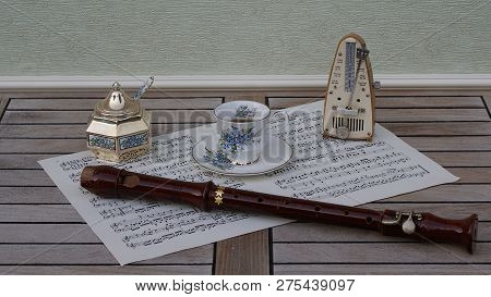 English Teacup And Saucer, Sugar Bowl And Sugarspoon, With Floral Decor, Metronome For Music And A B