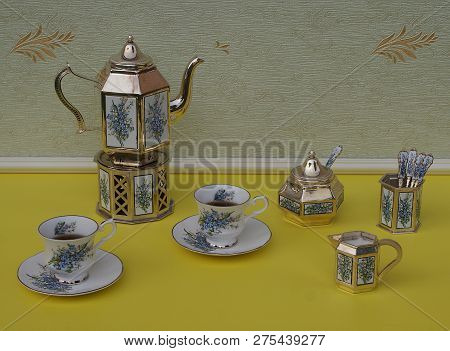 Tea For Two, English Teacups, Saucers, Silver-plated Teapot On A Silver Stove, Spoon Vase And Teaspo