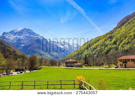 Beautiful Nature Scenery Of Snow Capped Mountain And Small Village, View From Sonogno In Locarno Dis