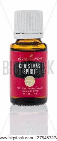 Winneconne, Wi - 18 November 2018: A Bottle Of  Young Living Christmas Sprirt Essential Oil Blend On