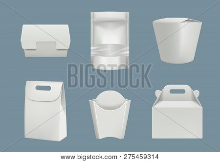 Food Packaged. Blank Cardboard And Plastic Package For Products Fast Delivery Vector Realistic Mocku