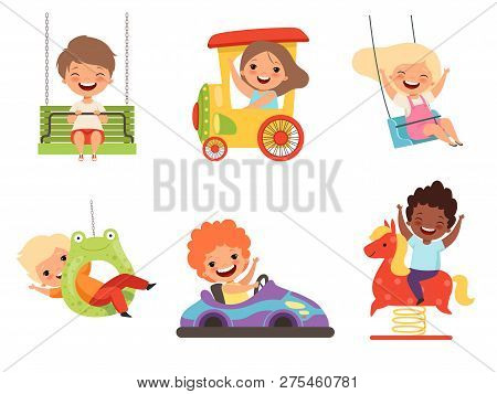 Children Amusement Park. Happy Kids Sitting And Playing Various Attractions Games Smiling Male Femal