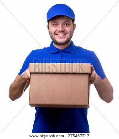 Picture Of Happy Man In Blue T-shirt And Baseball Cap With Cardboard Box On White Background