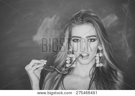 Woman, Teacher Wears Old Fashioned Eyeglasses For Vision, Copy Space. Girl Short Sightedness Needs M