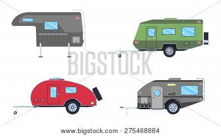 Set Of Camper Trailer. Camping Trailers For Travel. Flat Style. Vector Illustration.