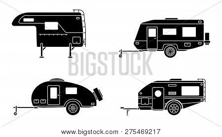 Set Of Camper Trailer. Camping Trailers For Travel. Flat Style. Vector Illustration.