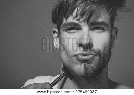 Bachelor Shave Half Bearded Face With Razor On Blue Background. Beauty, Grooming, Shaving. Skincare,