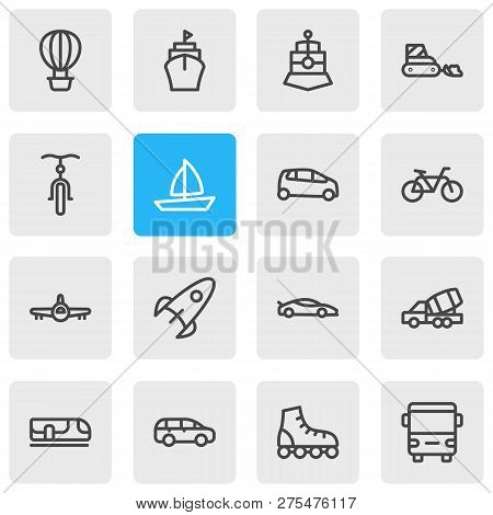 Illustration Of 16 Vehicle Icons Line Style. Editable Set Of Sport Car, Underground, Mpv And Other I