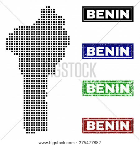 Dot Vector Abstract Benin Map And Isolated Clean Black, Grunge Red, Blue, Green Stamp Seals. Benin M