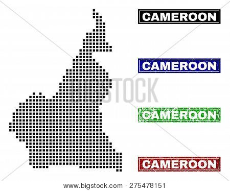 Vector Dot Abstracted Cameroon Map And Isolated Clean Black, Grunge Red, Blue, Green Stamp Seals. Ca