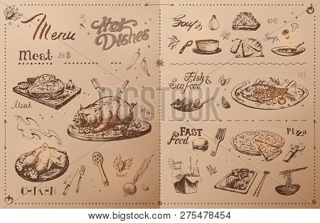 Hand Drawn Dishes For Menu Design. Sketckes Of Roasted Meat, Spices, Chicken And Fish, Pizza, Sushi 