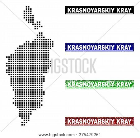 Vector Dot Abstracted Krasnoyarskiy Kray Map And Isolated Clean Black, Grunge Red, Blue, Green Stamp