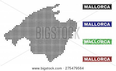 Dot Vector Abstracted Mallorca Map And Isolated Clean Black, Grunge Red, Blue, Green Stamp Seals. Ma