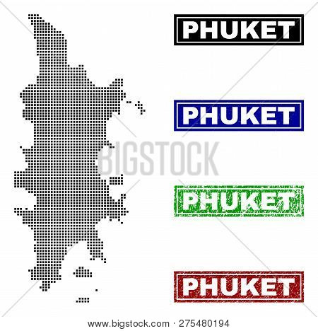 Dot Vector Abstract Phuket Map And Isolated Clean Black, Grunge Red, Blue, Green Stamp Seals. Phuket