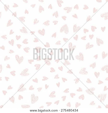 Holiday Doodle Lovely Valentines Day Background Seamless Pattern With Cute Pink Hearts. Vector Illus