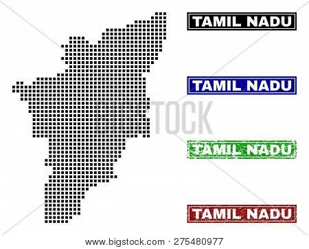 Dot Vector Abstracted Tamil Nadu State Map And Isolated Clean Black, Grunge Red, Blue, Green Stamp S