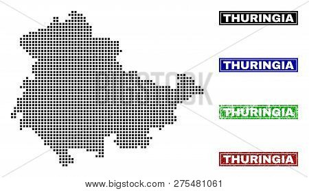 Dot Vector Abstracted Thuringia Land Map And Isolated Clean Black, Grunge Red, Blue, Green Stamp Sea