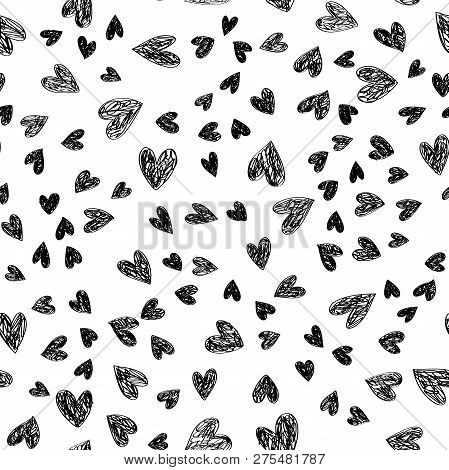 Doodle Lovely Valentines Day Background Seamless Pattern With Cute Hearts. Vector Illustration.