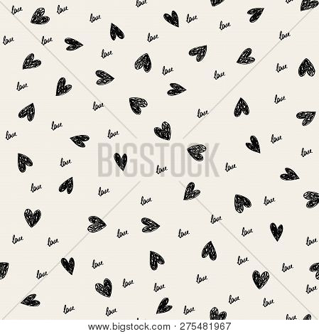 Doodle Valentines Day Background Seamless Pattern With Cute Hearts And Word Love. Vector Illustratio