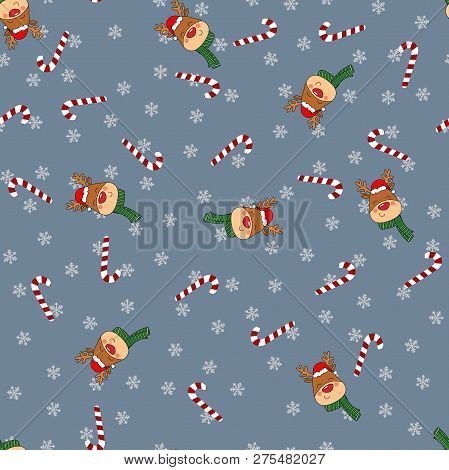 Seamless Christmas Pattern With Rednosed Reindeer On A Background With Snowflakes. Perfect For Gift 