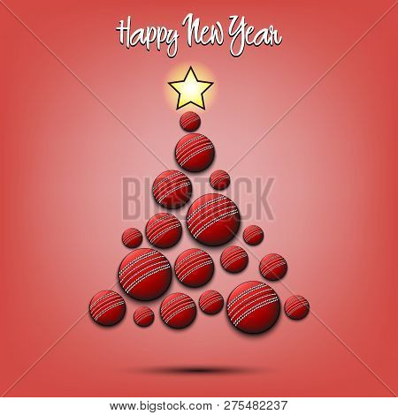 Happy New Year. Christmas Tree From Cricket Balls. Cricket Themed Christmas Tree. Pattern For Banner