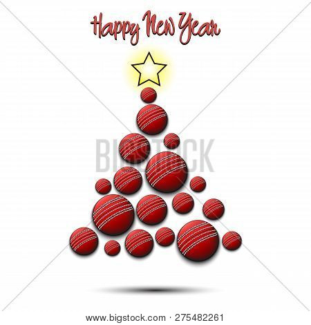 Happy New Year. Christmas Tree From Cricket Balls. Cricket Themed Christmas Tree. Pattern For Banner