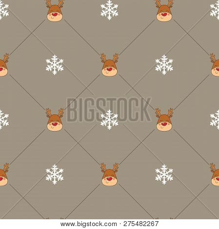 Seamless Christmas Pattern With Rednosed Reindeer On A Background Snowfall And Shooting Stars. Perfe