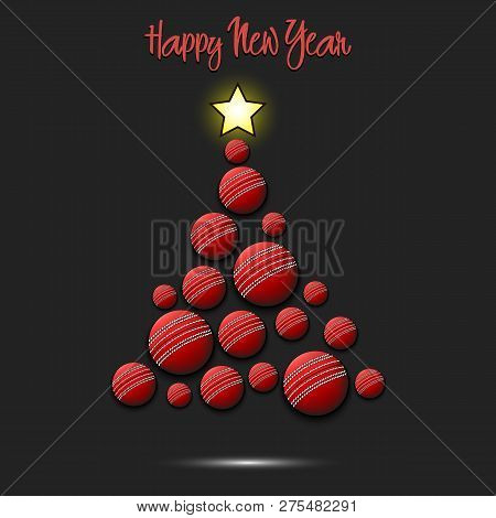 Happy New Year. Christmas Tree From Cricket Balls. Cricket Themed Christmas Tree. Pattern For Banner