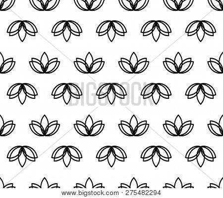Seamless Lotus Vector Black And White Background. Geometric Flower Lotos Yoga Pattern