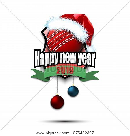 Happy New Year. Cricket Logo Template Design. Cricket Ball With Santa Hat. Pattern For Banner, Poste