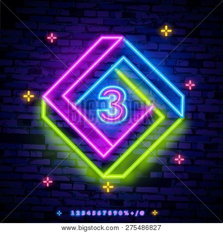 Number Three Symbol In A Cheerful Multi-colored Frame Neon Sign Vector. Third, Number Three Template