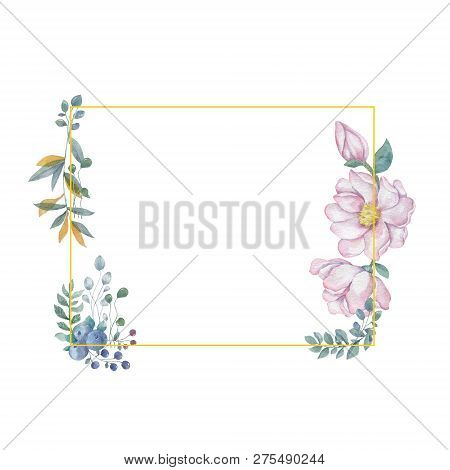 Watercolor Flowers And Leaves Wreath. Gold Frame Illustration. Square Clip Art Branch For Celebratio