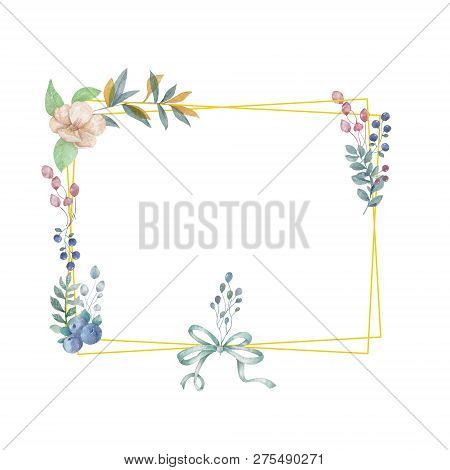 Watercolor Flowers And Leaves Wreath. Gold Frame Illustration. Square And Bow Clip Art Branch For Ce