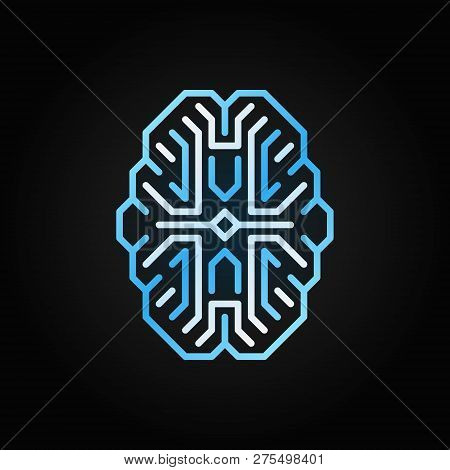 Digital Brain Vector Blue Outline Icon. Cyberbrain Concept Sign In Thin Line Style On Dark Backgroun