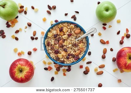 Reduce Callories. Top View Of Muesli Bowl With Fresh Fruits.