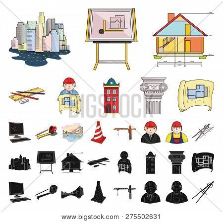 Architecture And Construction Cartoon, Black Icons In Set Collection For Design. Architect And Equip