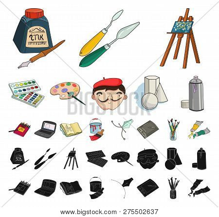 Painter And Drawing Cartoon, Black Icons In Set Collection For Design. Artistic Accessories Vector S