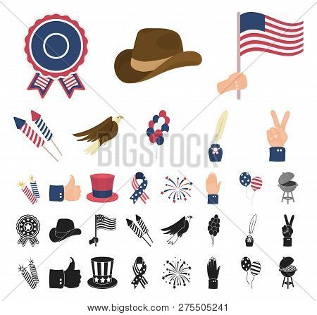 Day Of Patriot, Holiday Cartoon, Black Icons In Set Collection For Design. American Tradition Vector