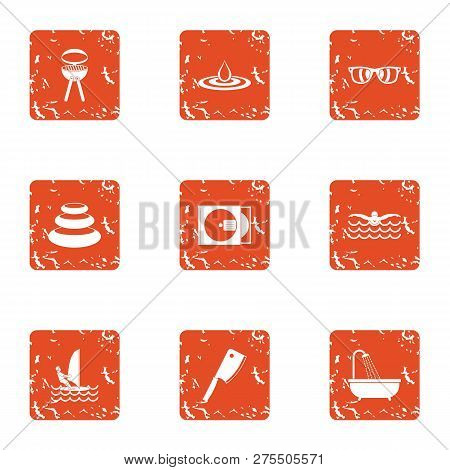 Beach Bbq Icons Set. Grunge Set Of 9 Beach Bbq Icons For Web Isolated On White Background