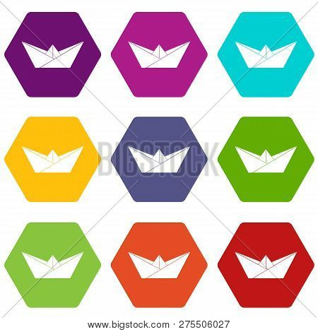 Origami Boat Icons 9 Set Coloful Isolated On White For Web