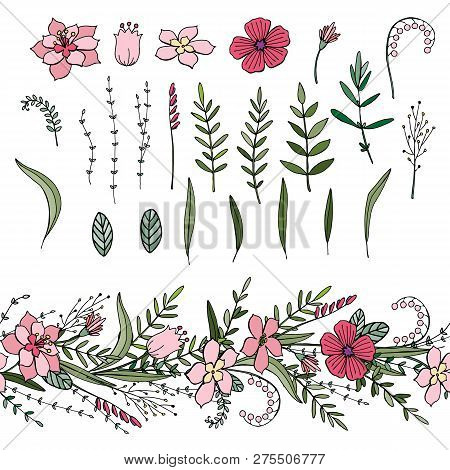 Floral Endless Horizontal Brush And Set Of Isolated Floral Elements