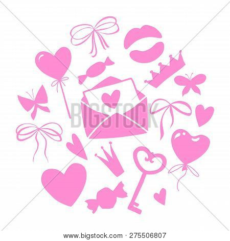 Valentines Day Set, Round Shape Made Of Objects For Concept And Design, Vector Illustration Flat, Pi