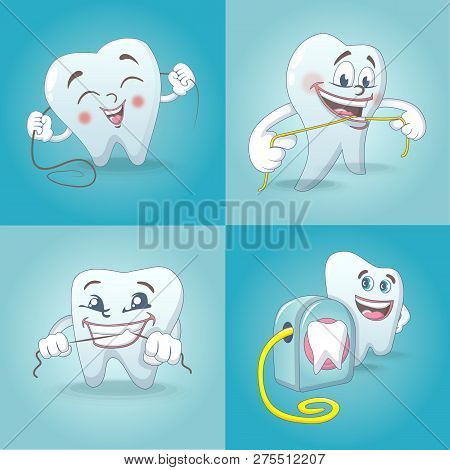 Floss Dental Brushing Detailed Teeth Icons Set. Cartoon Illustration Of 4 Floss Dental Brushing Teet
