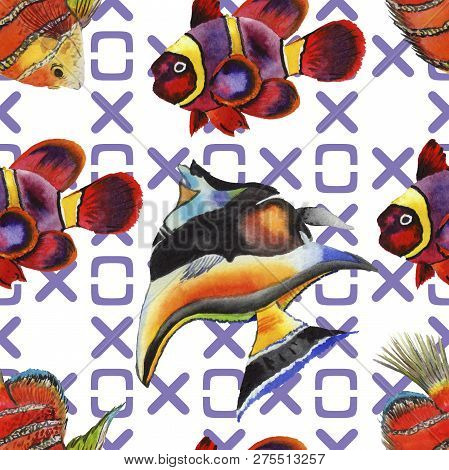 Watercolor Aquatic Underwater Colorful Tropical Fish Illustration Set. Seamless Background Pattern.