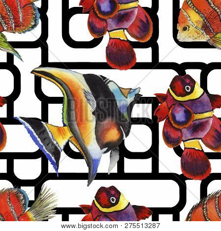Watercolor Aquatic Underwater Colorful Tropical Fish Illustration Set. Seamless Background Pattern.