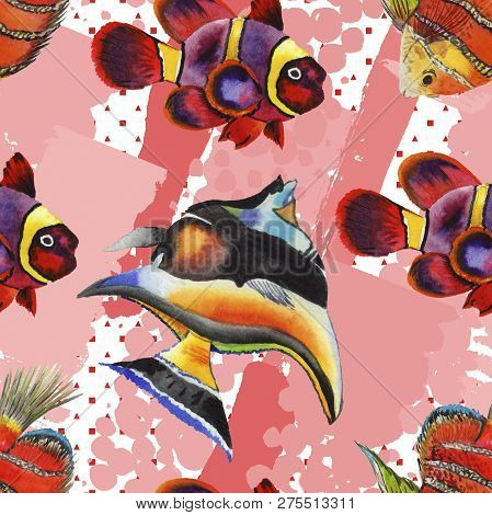 Watercolor Aquatic Underwater Colorful Tropical Fish Illustration Set. Seamless Background Pattern.